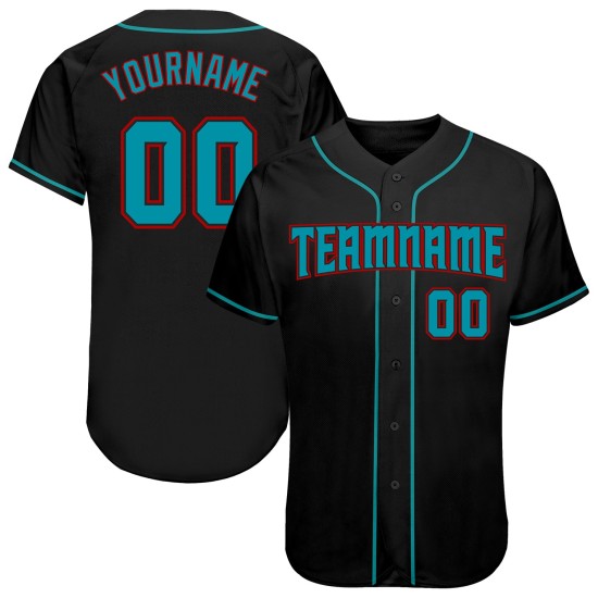 Maillot de baseball personnalisé noir bleu sarcelle-rouge authentique