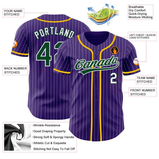 Maillot de baseball authentique à rayures fines, blanc, violet, vert, personnalisé Maillot de baseball authentique à rayures fines, blanc, violet, vert, personnalisé