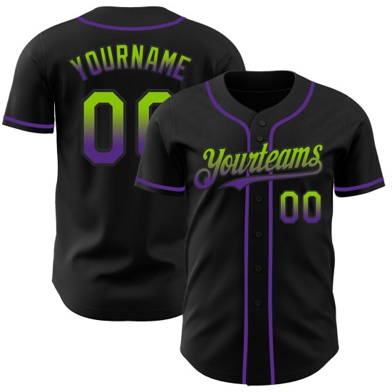 Maglia da baseball personalizzata, autentica, in tinta unita verde-viola sfumata nera, stile neon Maglia da baseball personalizzata, autentica, in tinta unita verde-viola sfumata nera, stile neon