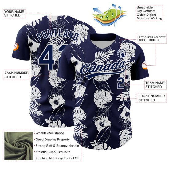 Maglia da baseball tropicale e hawaiana blu navy autentica bianca personalizzata con fiori e foglie 3D Maglia da baseball tropicale e hawaiana blu navy autentica bianca personalizzata con fiori e foglie 3D