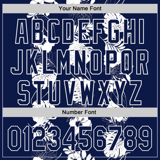 Maglia da baseball tropicale e hawaiana blu navy autentica bianca personalizzata con fiori e foglie 3D Maglia da baseball tropicale e hawaiana blu navy autentica bianca personalizzata con fiori e foglie 3D