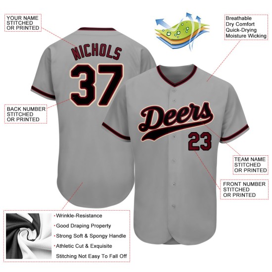 Maillot de baseball authentique gris noir et cramoisi personnalisé Maillot de baseball authentique gris noir et cramoisi personnalisé