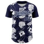 Maglia da baseball tropicale e hawaiana blu navy autentica bianca personalizzata con fiori e foglie 3D Maglia da baseball tropicale e hawaiana blu navy autentica bianca personalizzata con fiori e foglie 3D