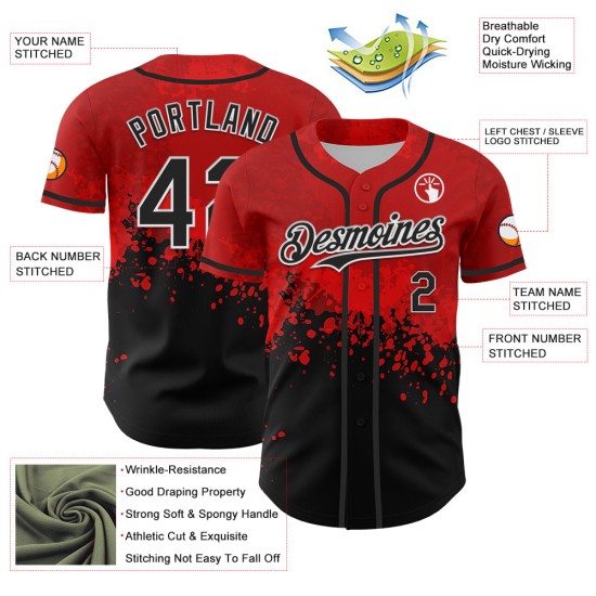 Maglia da baseball personalizzata Rave Design Splatter nera, bianca e rossa con motivo 3D autentico