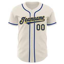 Maglia da baseball autentica color crema personalizzata, colore blu royal e oro