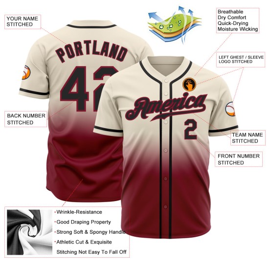 Maillot de baseball personnalisé authentique noir-cramoisi à motif crème délavé