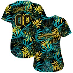 Maillot de baseball personnalisé motif feuilles de palmier noir tropical noir-or 3D authentique