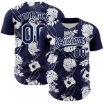 Maglia da baseball tropicale e hawaiana blu navy autentica bianca personalizzata con fiori e foglie 3D Maglia da baseball tropicale e hawaiana blu navy autentica bianca personalizzata con fiori e foglie 3D