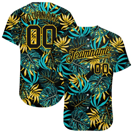 Maillot de baseball personnalisé motif feuilles de palmier noir tropical noir-or 3D authentique
