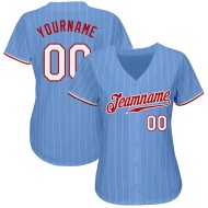 Maglia da baseball azzurra autentica personalizzata a righe bianche e rosse